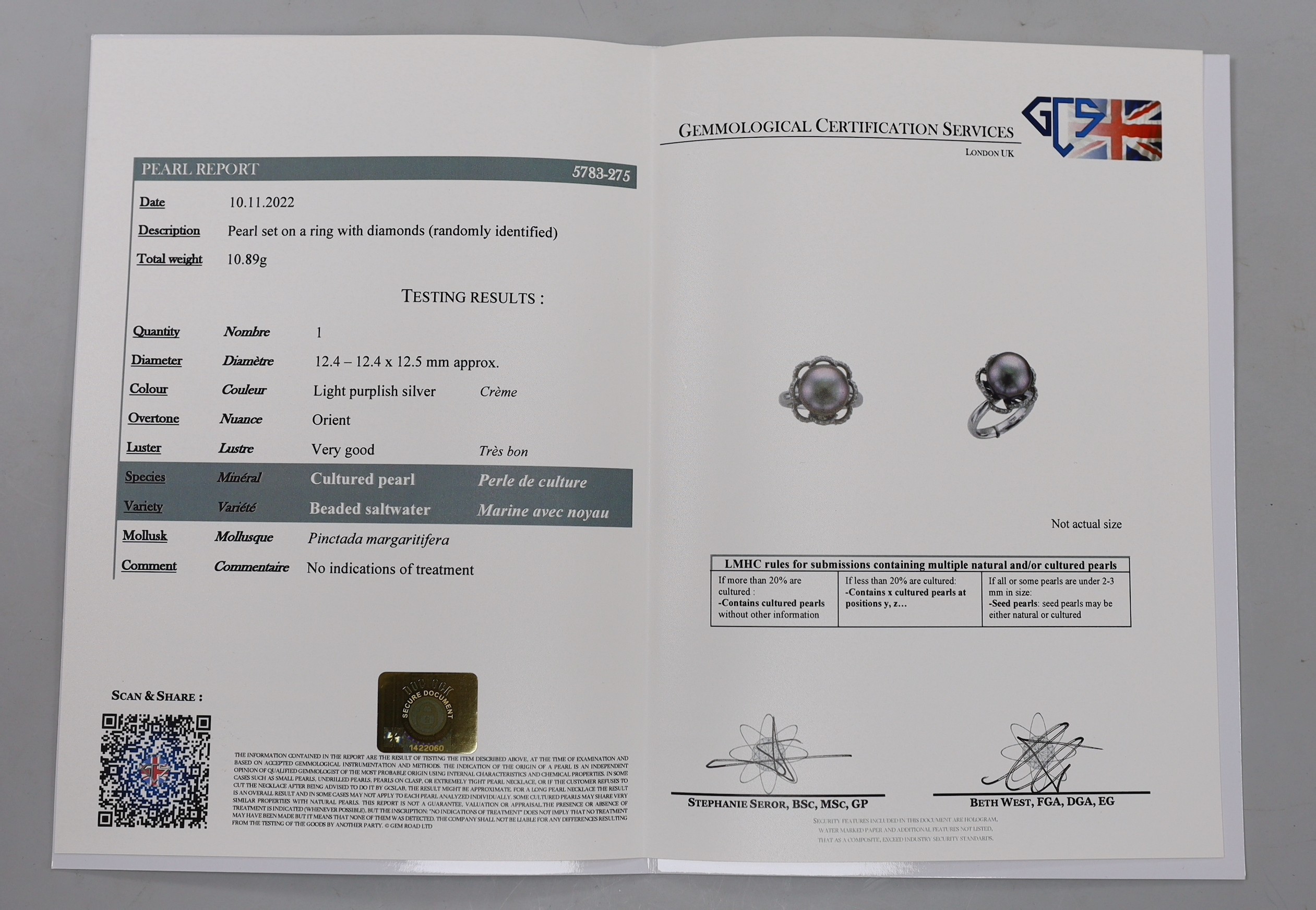 A modern Italian 750 white metal, cultured pearl and diamond chip set dress ring, with accompanying GCS report dated 10/11/2022, size M/N, gross weight 11.2 grams.